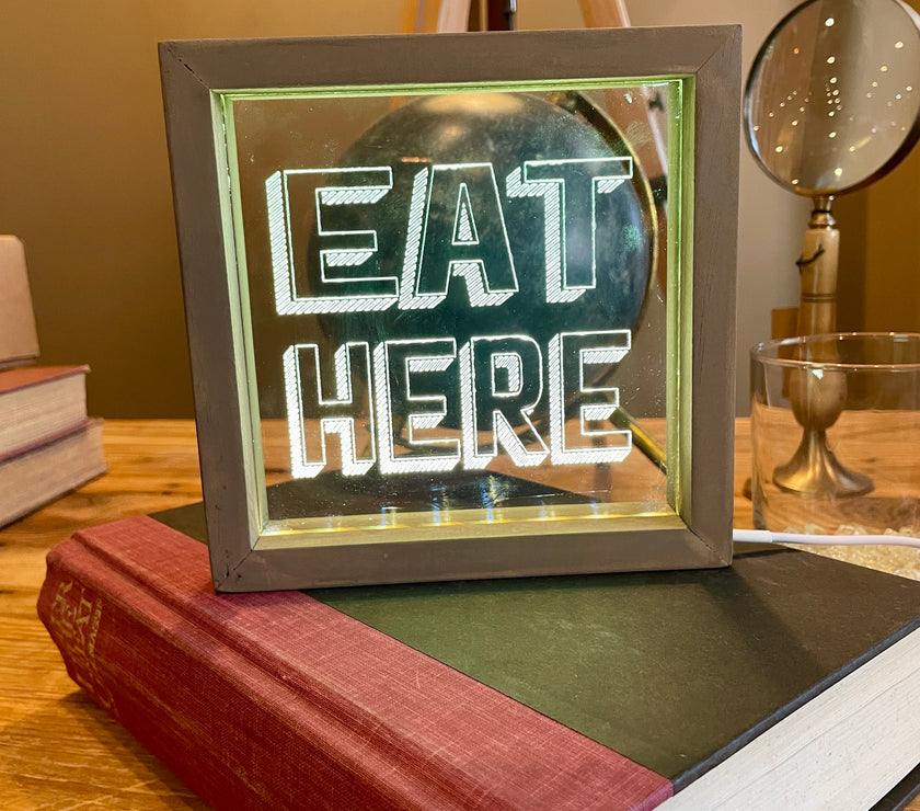 Vintage Style Lighted "Eat Here" | Tan Wood Sign with Light