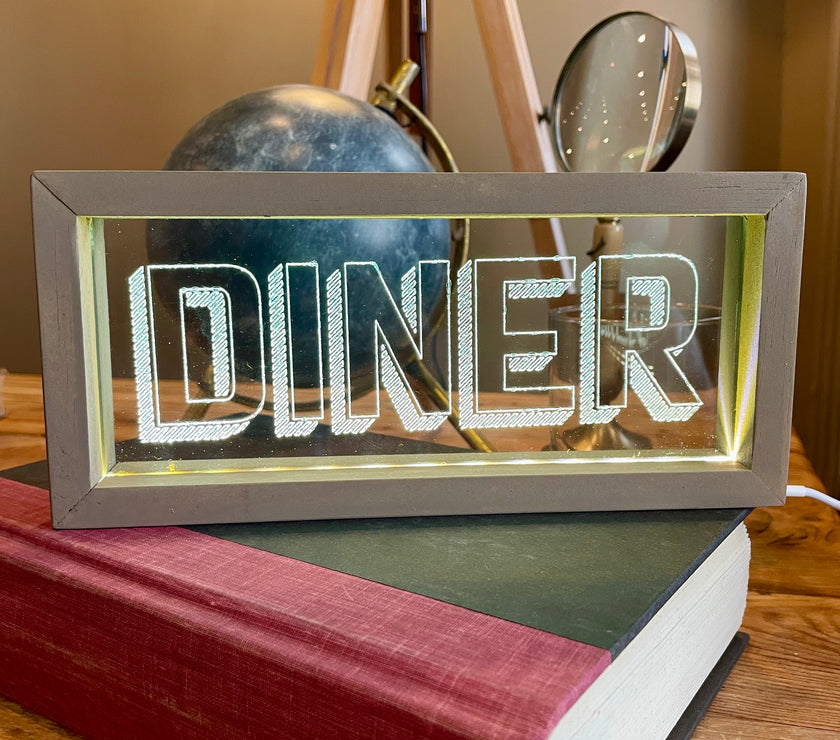 Vintage Style Lighted "Diner" | Tan Wood Sign with Light