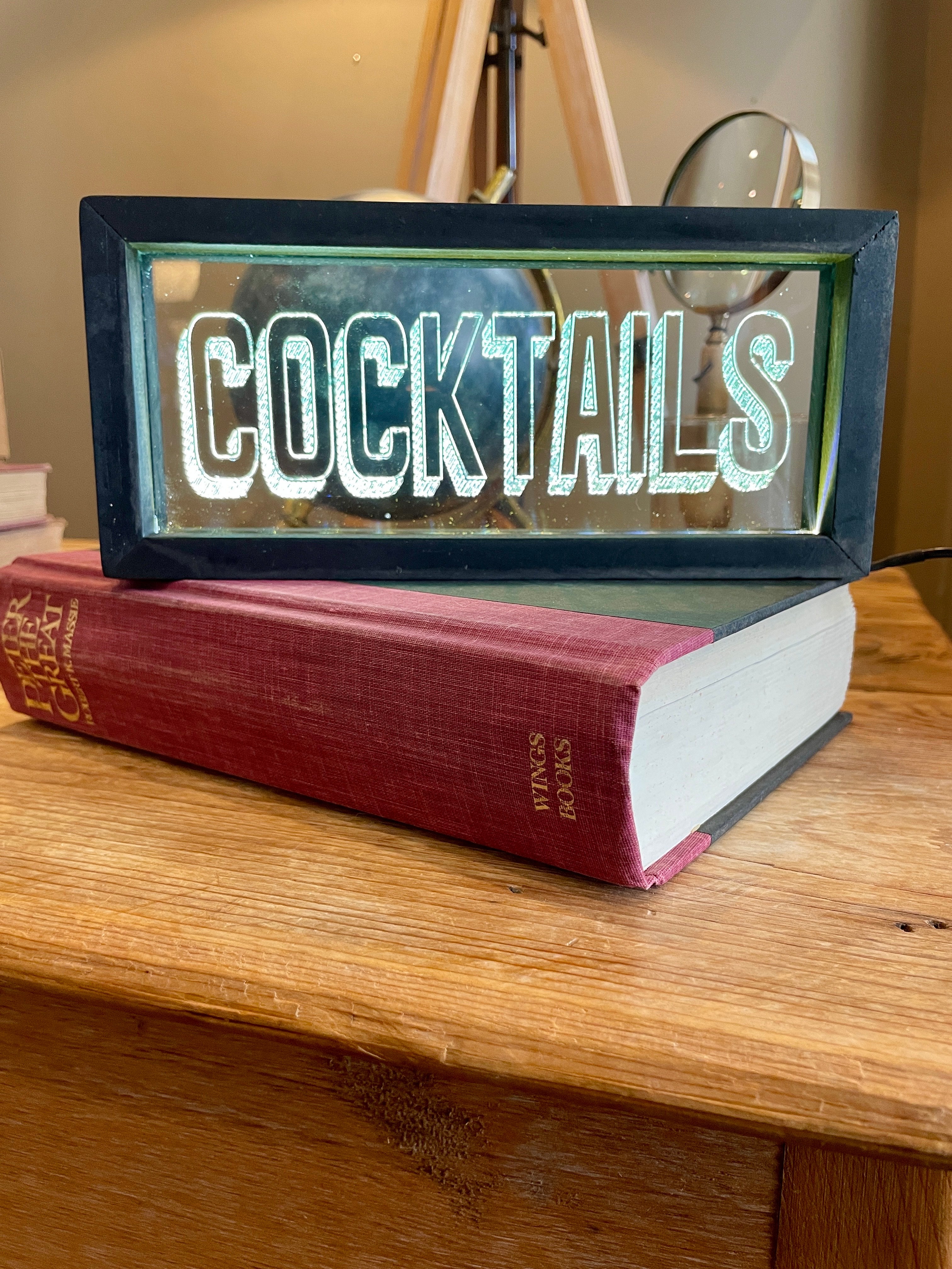 Vintage Style Lighted "Cocktails" Signs | Black Wood Rectangle