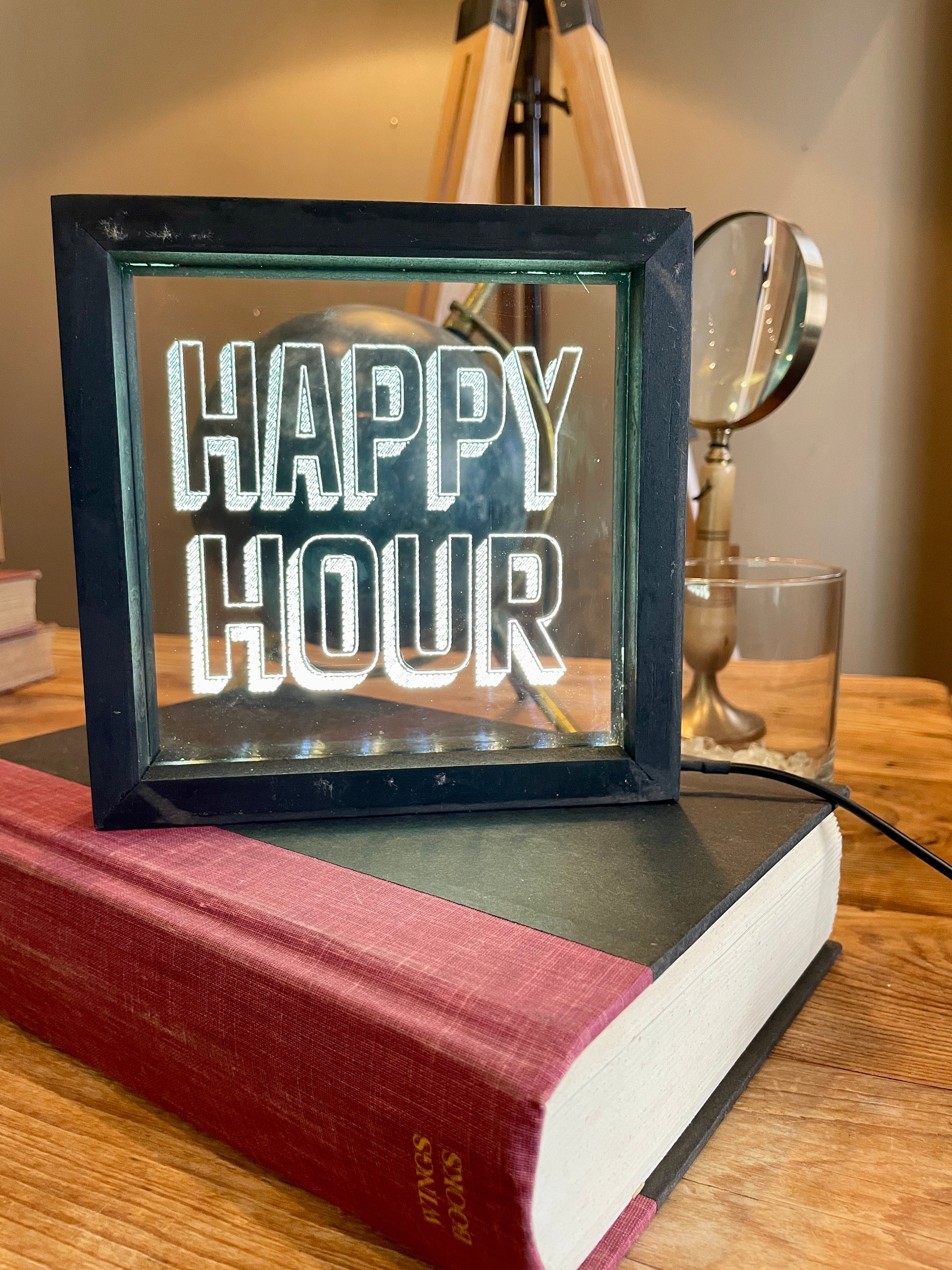Vintage Style Lighted "Happy Hour" | Black Wood Sign with light