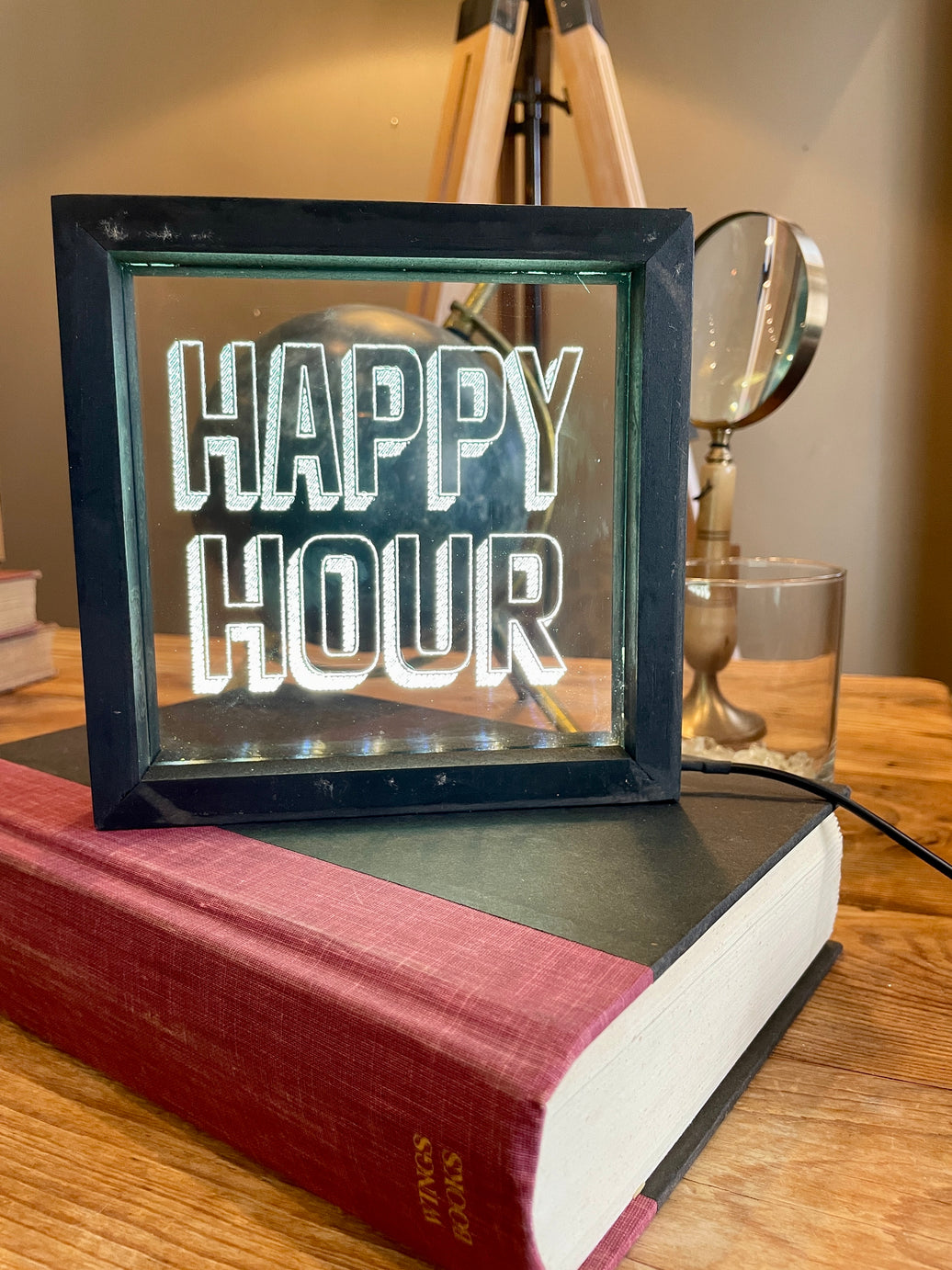 Vintage Style Lighted "Happy Hour" | Black Wood Sign with light