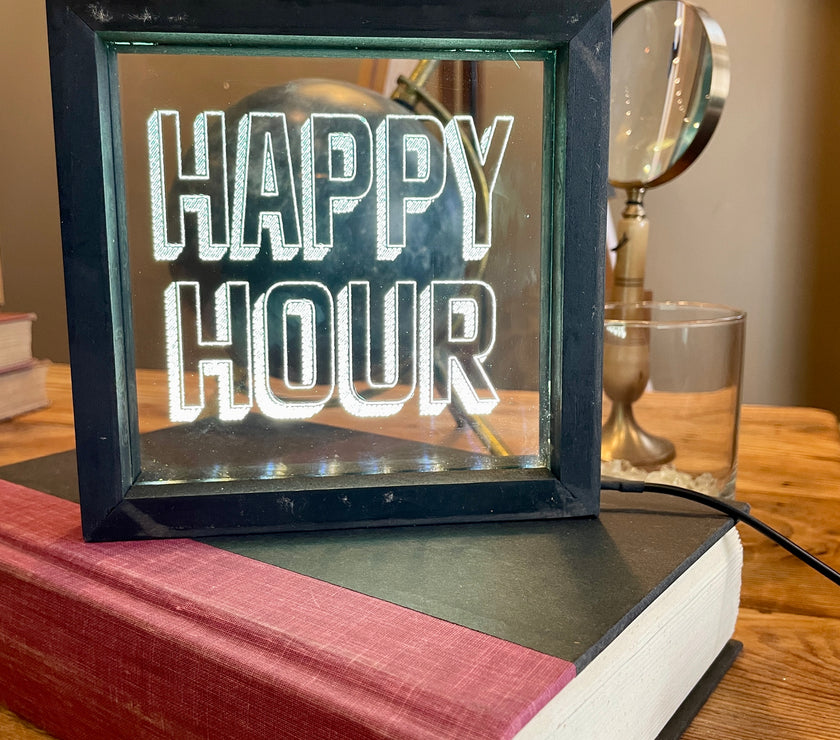 Vintage Style Lighted "Happy Hour" | Black Wood Sign with light
