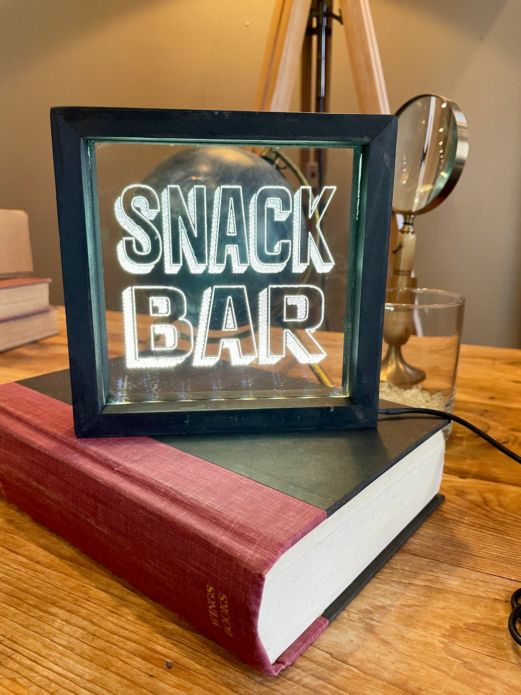 Vintage Style Lighted "Snack Bar" | Black Wood Sign with Light