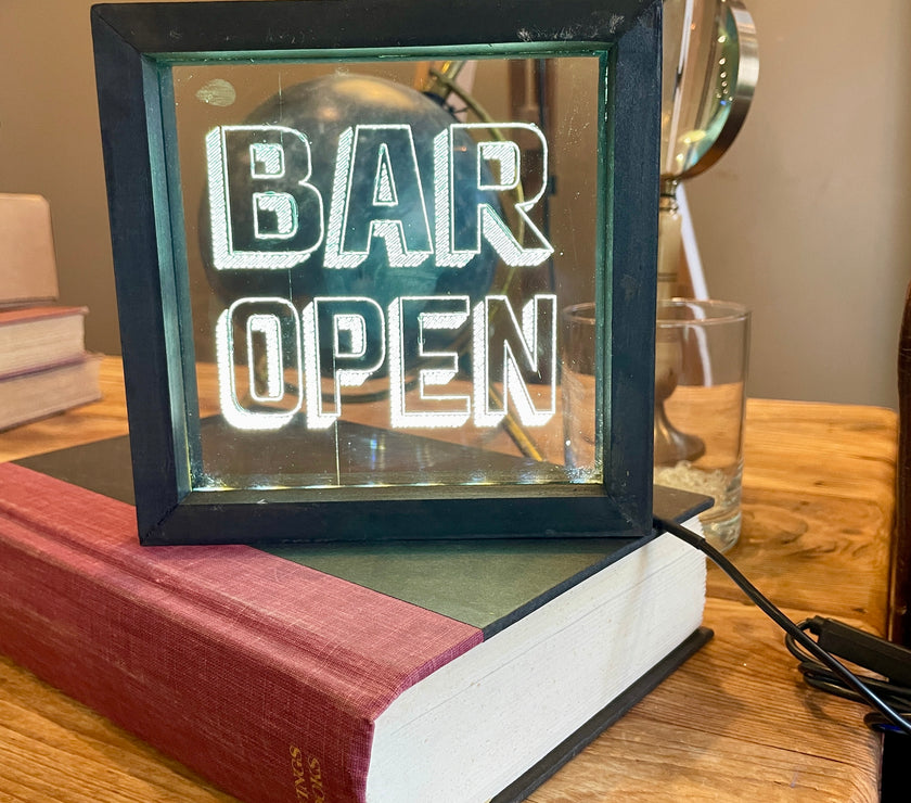 Vintage Style Lighted "Bar Open" | Black Wood Sign with Light