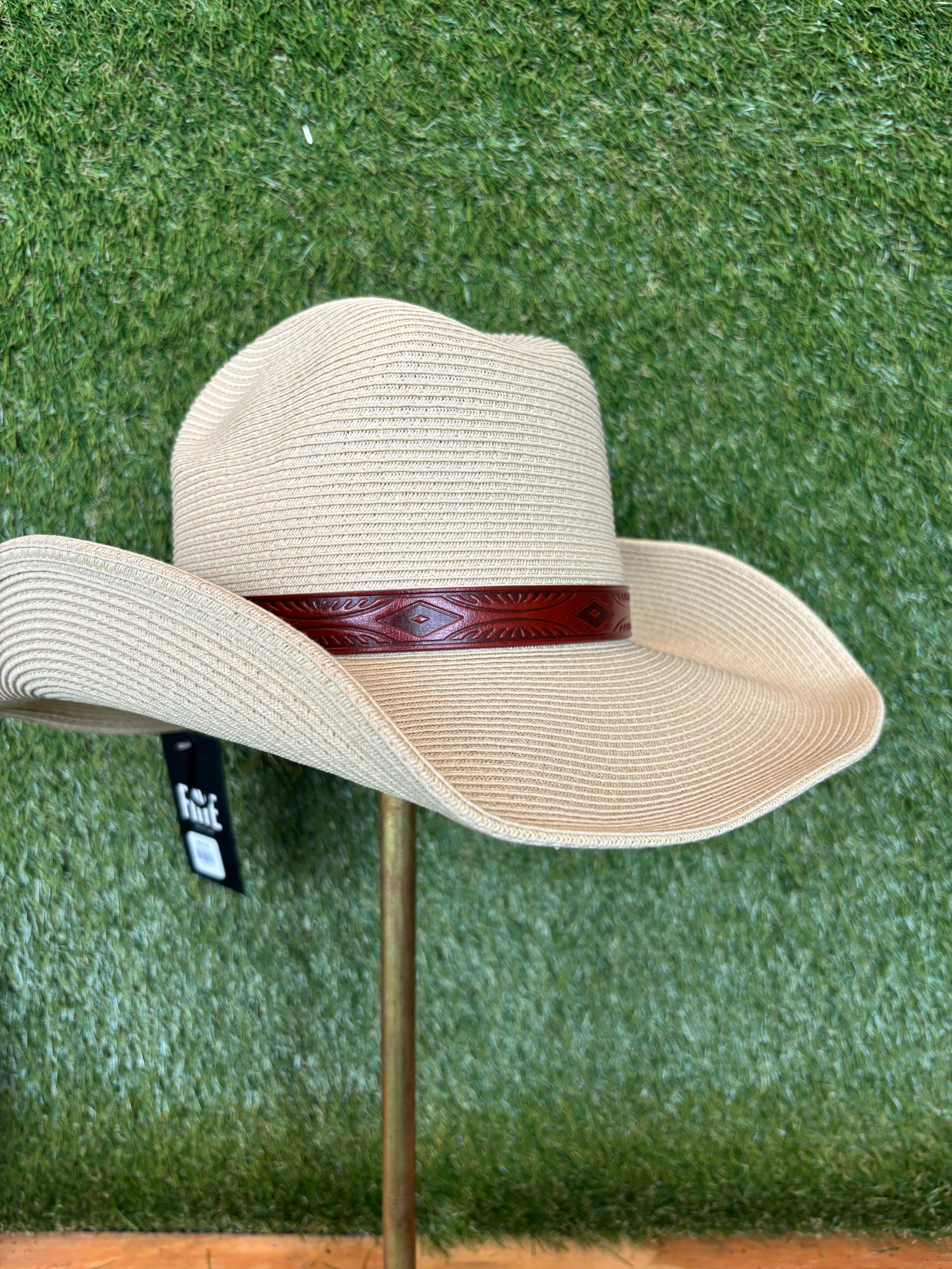 Men's Paper braid Cattleman's Crease Cowboy Hat (Khaki & Brown Leather)