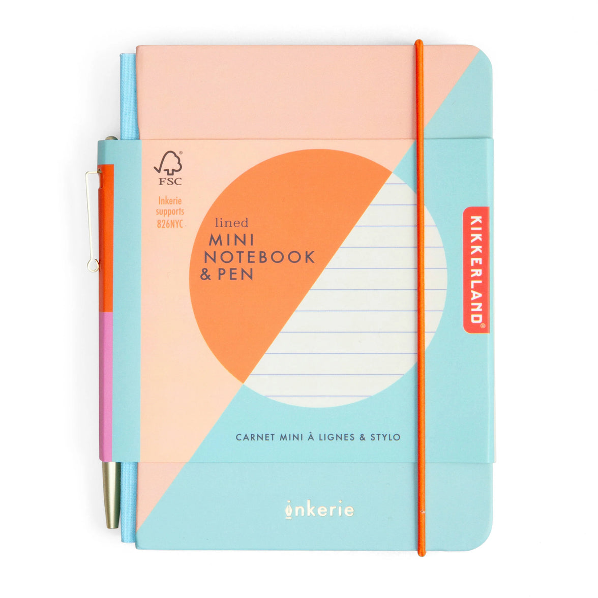 Kikkerland mini notebook and pen set with geometric design on a white background