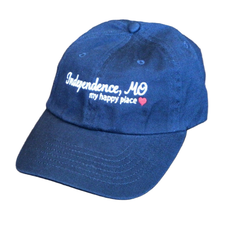 Blue cap with 'Independence, MO my happy place' text on a white background
