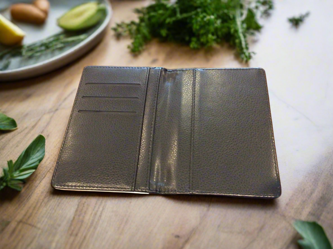 Interior of a passport holder and wallet on a wooden table.