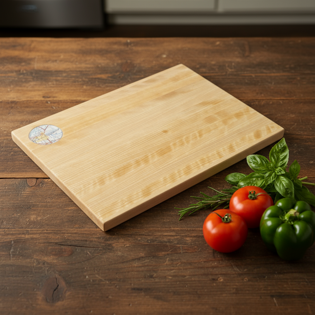 Wooden cutting board on a wooden surface with tomatoes and basil.