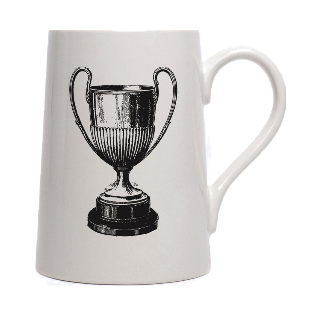 White tankard style mug with black trophy design on a white background