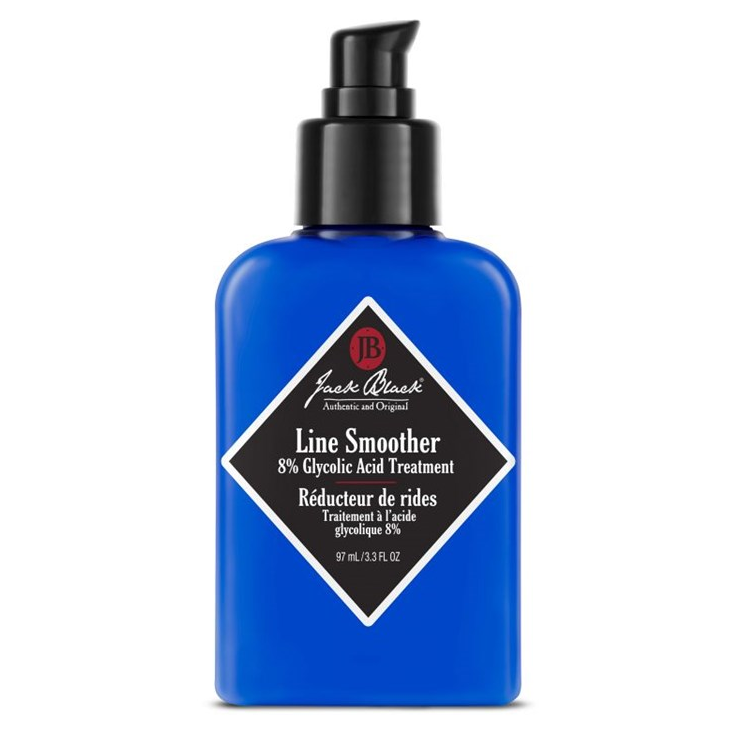A blue bottle with a pump dispenser labeled 'Jack Black Line Smoother 8% Glycolic Acid Treatment'.