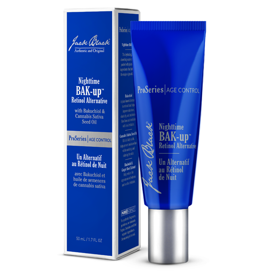 A blue tube of Jack Black Nighttime BAK-up Retinol Alternative with its packaging box, displaying the product name and benefits for anti-aging and skin control.
