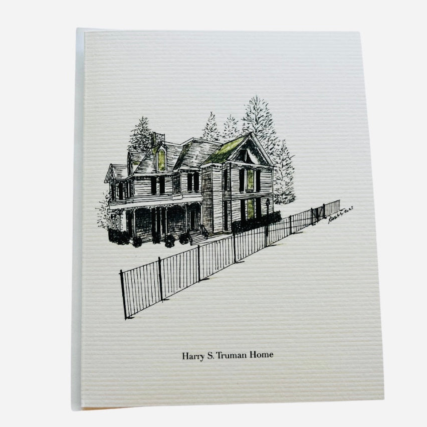 A greeting card featuring a pen and ink drawing of Harry S. Truman's home.