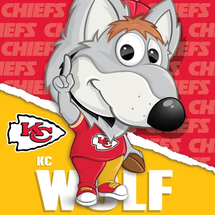 Image of what the completed jigsaw puzzle would look like, featuring KC Wolf, red and yellow background, and Kansas City Chiefs logo.