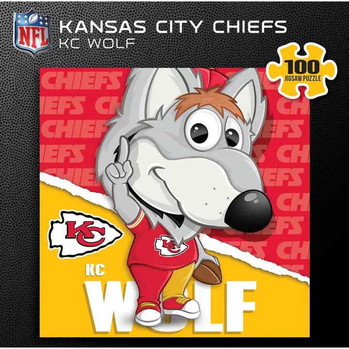 A front image of the Kansas City Chiefs KC Wolf 100 piece jigsaw puzzle.