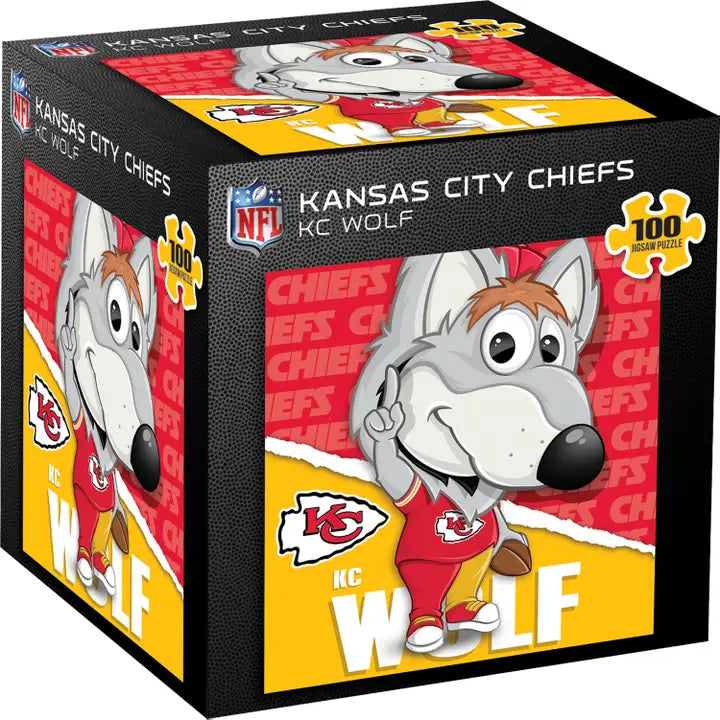 A 100-piece puzzle box featuring the Kansas City Chiefs Mascot, KC Wolf, with a Kansas City Chiefs logo and a NFL shield on the background. The mascot character is depicted in a Kansas City Chiefs uniform and is the central figure on the box.