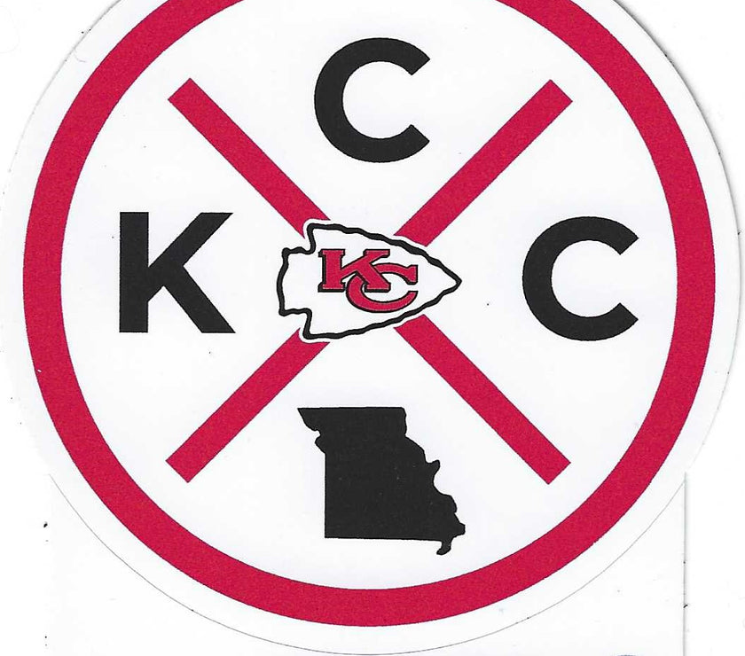 A sticker with KCC and an image of Missouri and the Kansas City Chiefs logo.