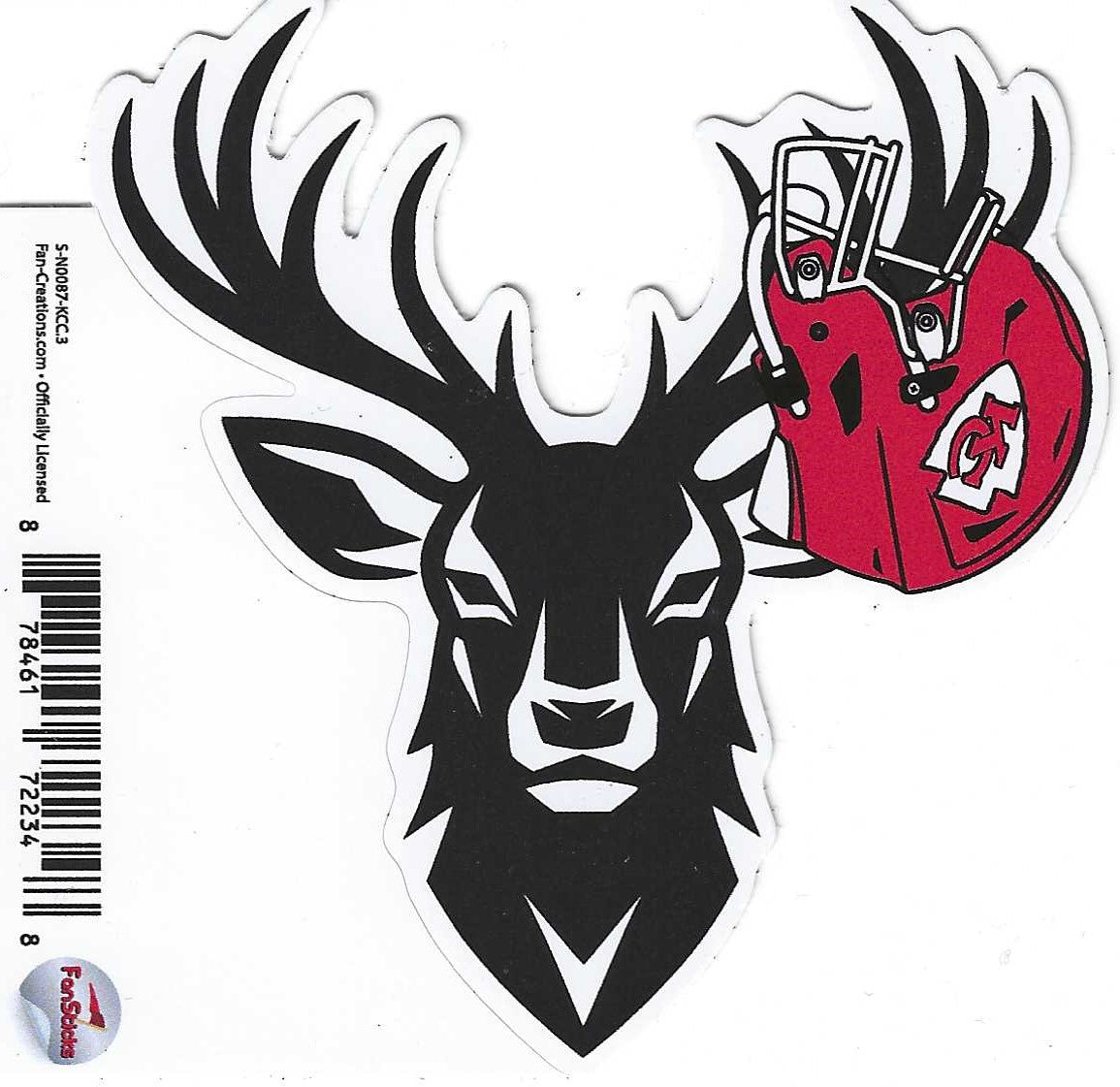 A sticker of a stag with a Kansas City Chiefs helmet hanging from the horns.