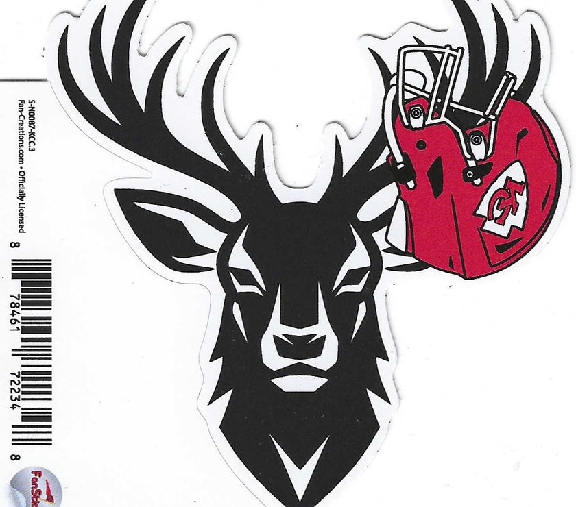 A sticker of a stag with a Kansas City Chiefs helmet hanging from the horns.
