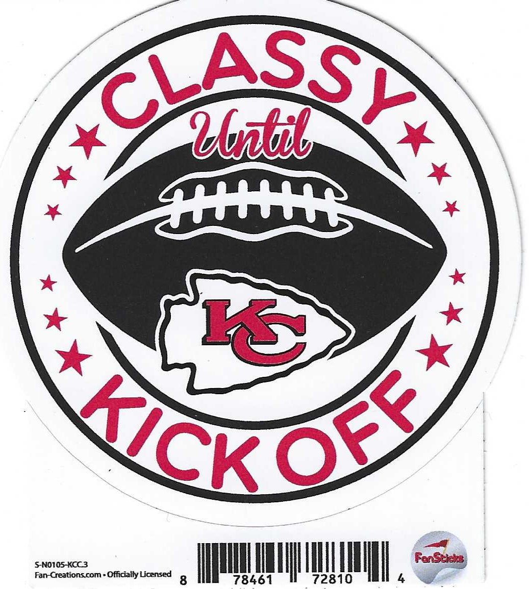 A sticker that says 'classy until kickoff' with a circle and stars border with a football and Kansas City Chiefs logo in the middle.