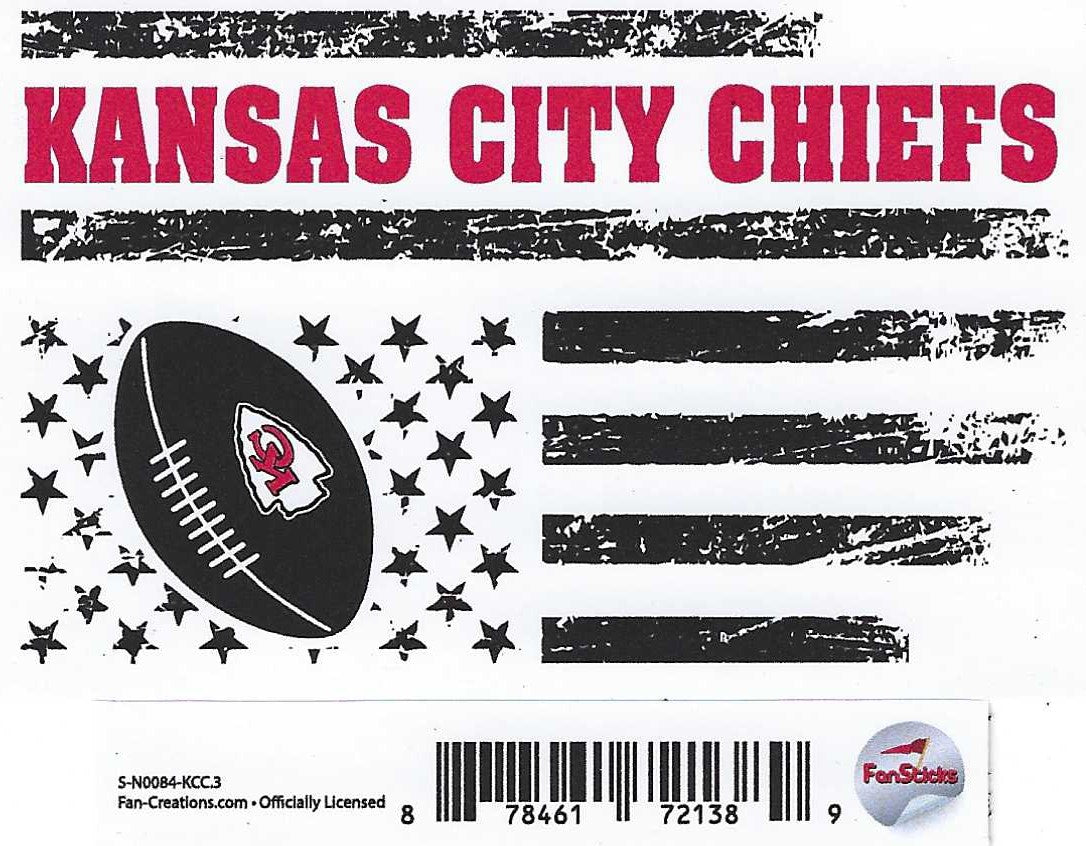 A sticker that is black and white with stars and stripes and 'Kansas City Chiefs' with a football and the Chiefs log on it.