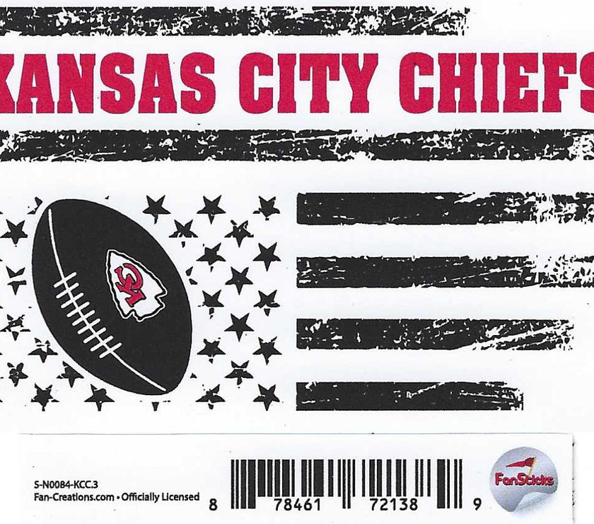 A sticker that is black and white with stars and stripes and 'Kansas City Chiefs' with a football and the Chiefs log on it.