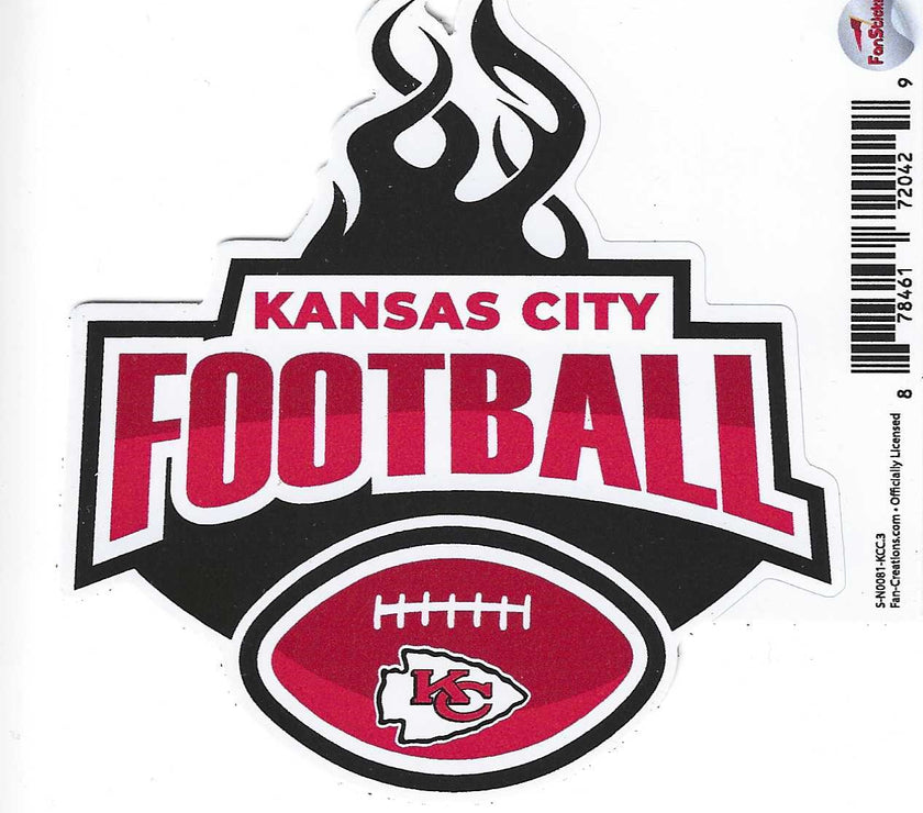 A sticker with the Kansas City Chiefs football team branding, featuring a red and white color scheme, a stylized flame, and the team's logo.