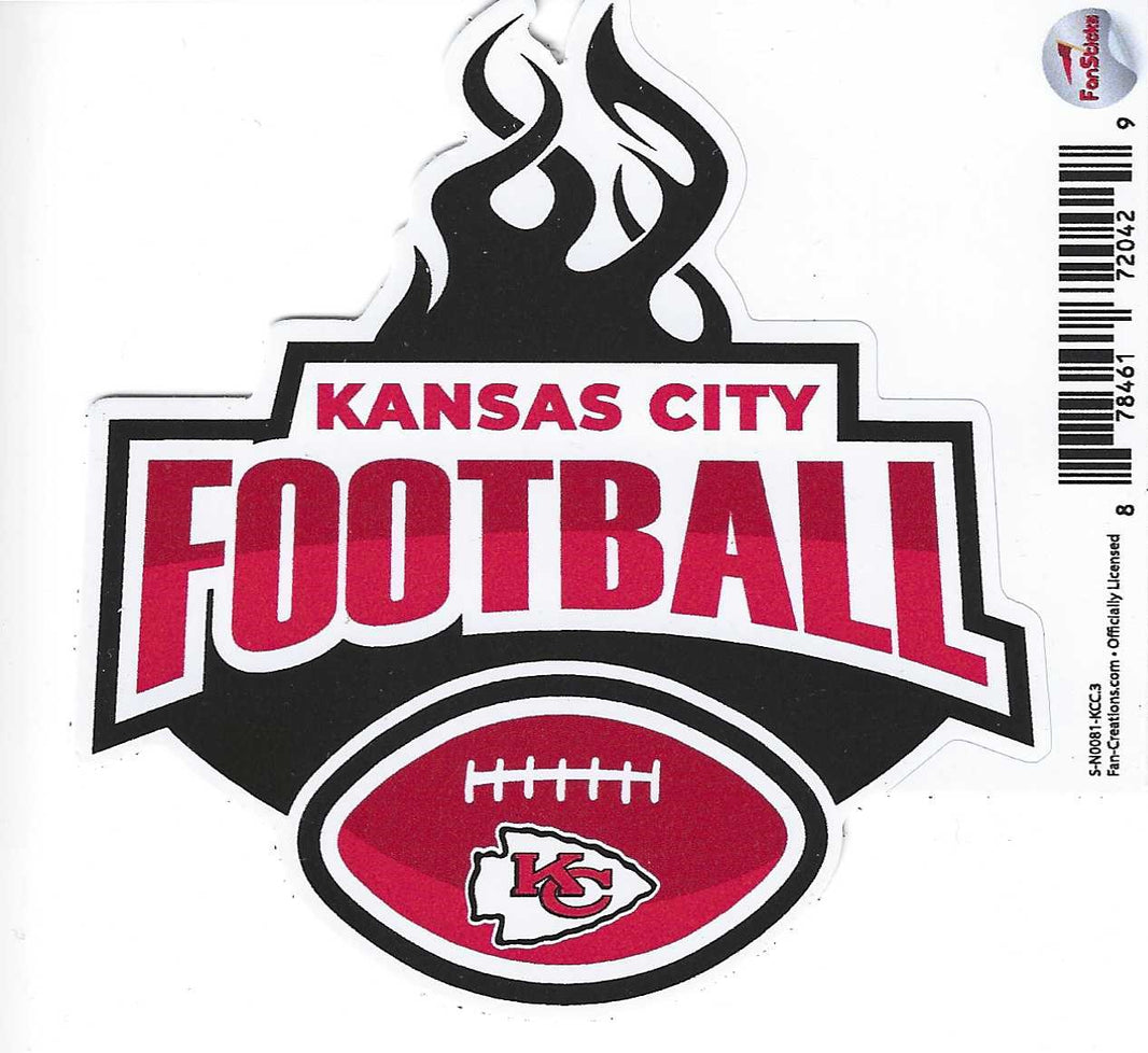 A sticker with the Kansas City Chiefs football team branding, featuring a red and white color scheme, a stylized flame, and the team's logo.