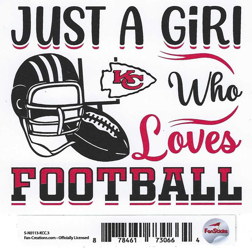A sticker that says 'just a girl who loves football" with a football helmet, ball, and Kansas City Chiefs logo.