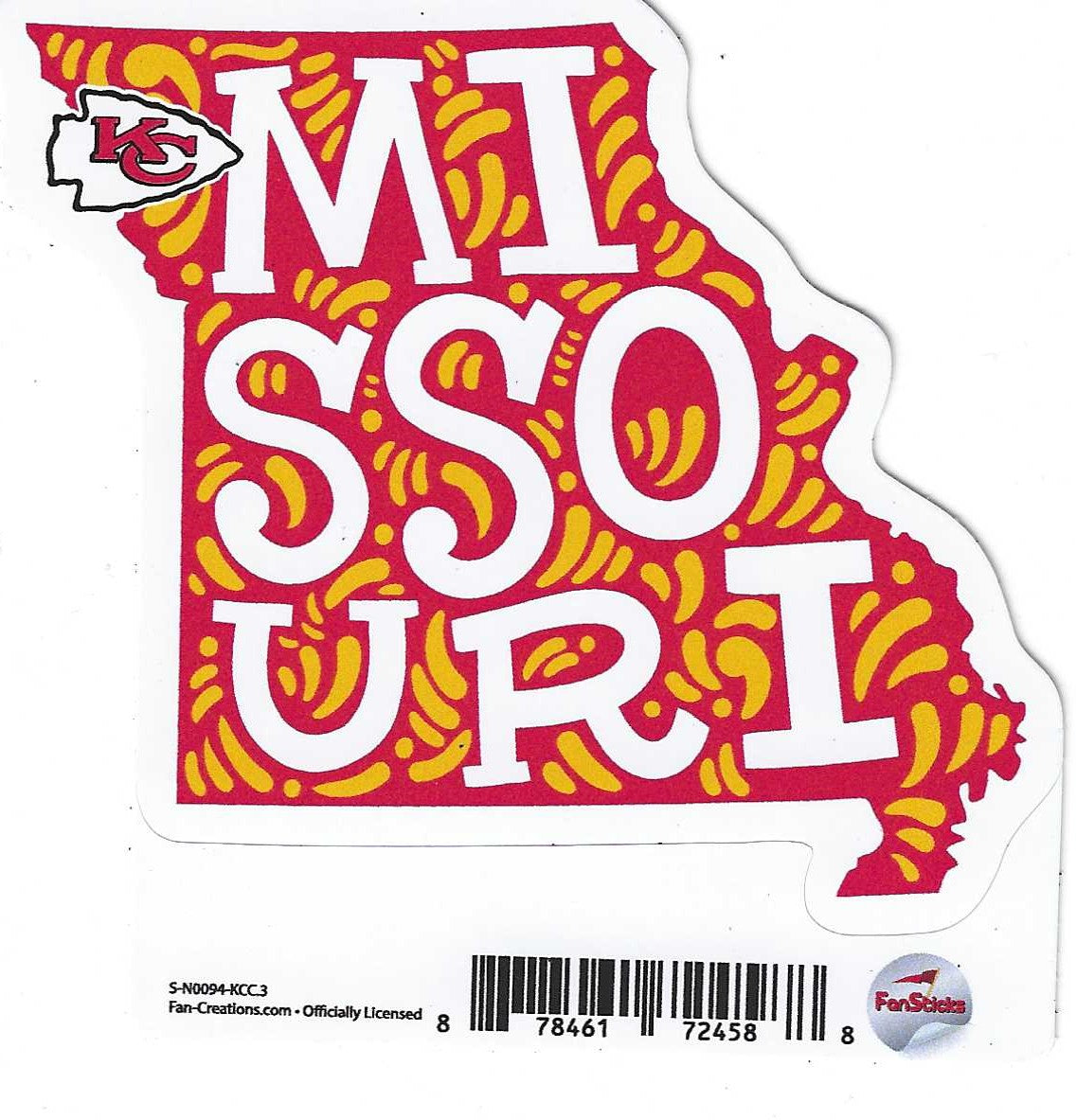 A sticker shaped like Missouri with 'MISSOURI' on a stylized red and yellow background and a Kansas City Chiefs logo in the corner where Kansas City would be.