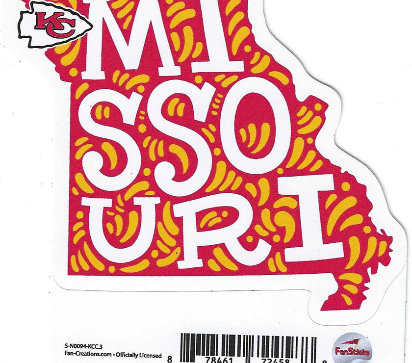 A sticker shaped like Missouri with 'MISSOURI' on a stylized red and yellow background and a Kansas City Chiefs logo in the corner where Kansas City would be.