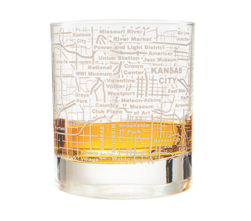 KANSAS CITY ETCHED STREET GRID WHISKEY GLASSES