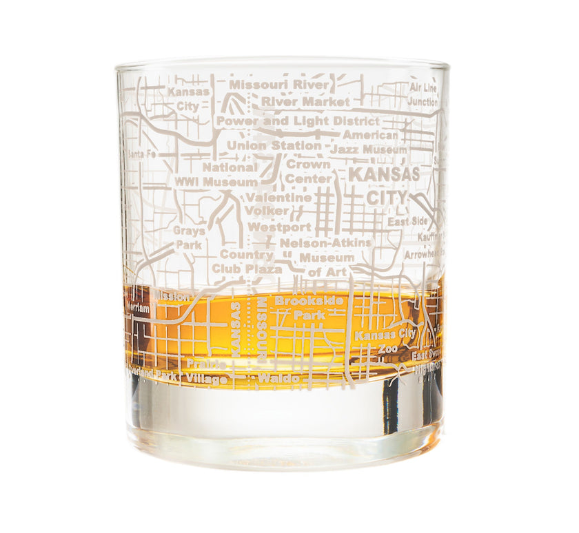 KANSAS CITY ETCHED STREET GRID WHISKEY GLASSES