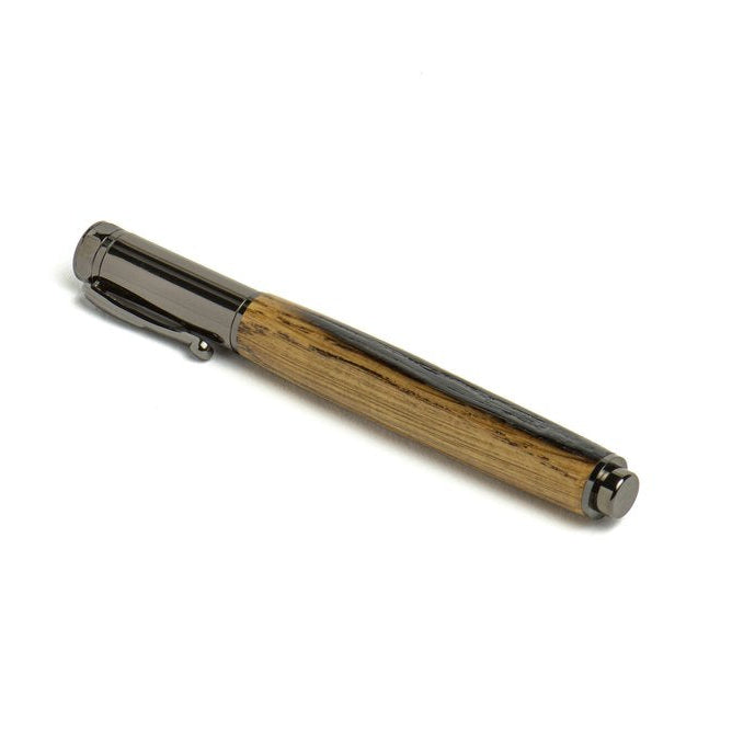 Pen with wooden grip and metallic accents on a white background