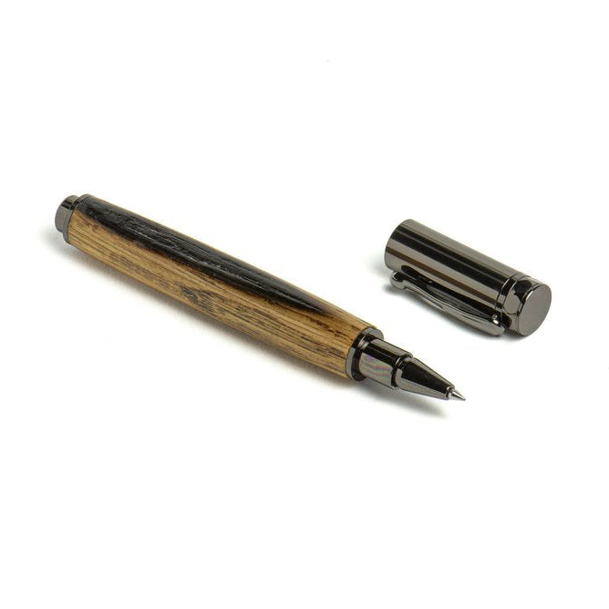 Wooden-styled pen with a metallic clip on a white background