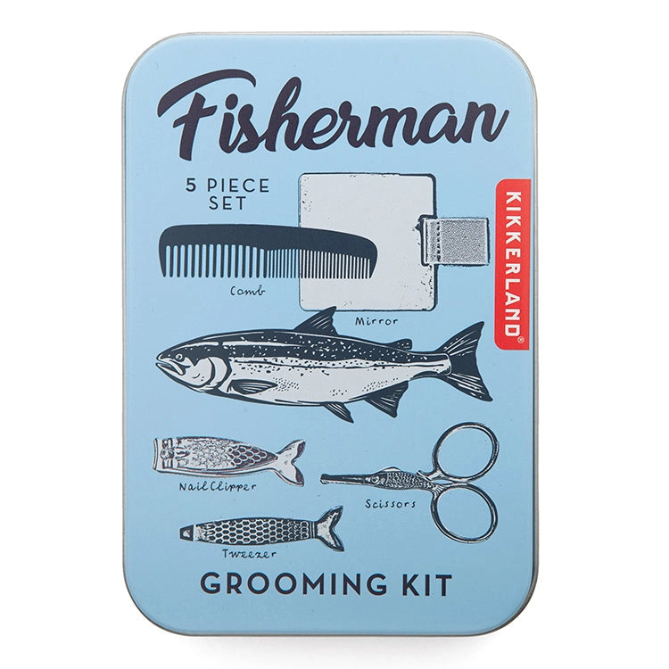 Kikkerland Fisherman Grooming Kit packaging with illustrations of a fish, comb, mirror, nailclipper, and tweezers on a light blue background.