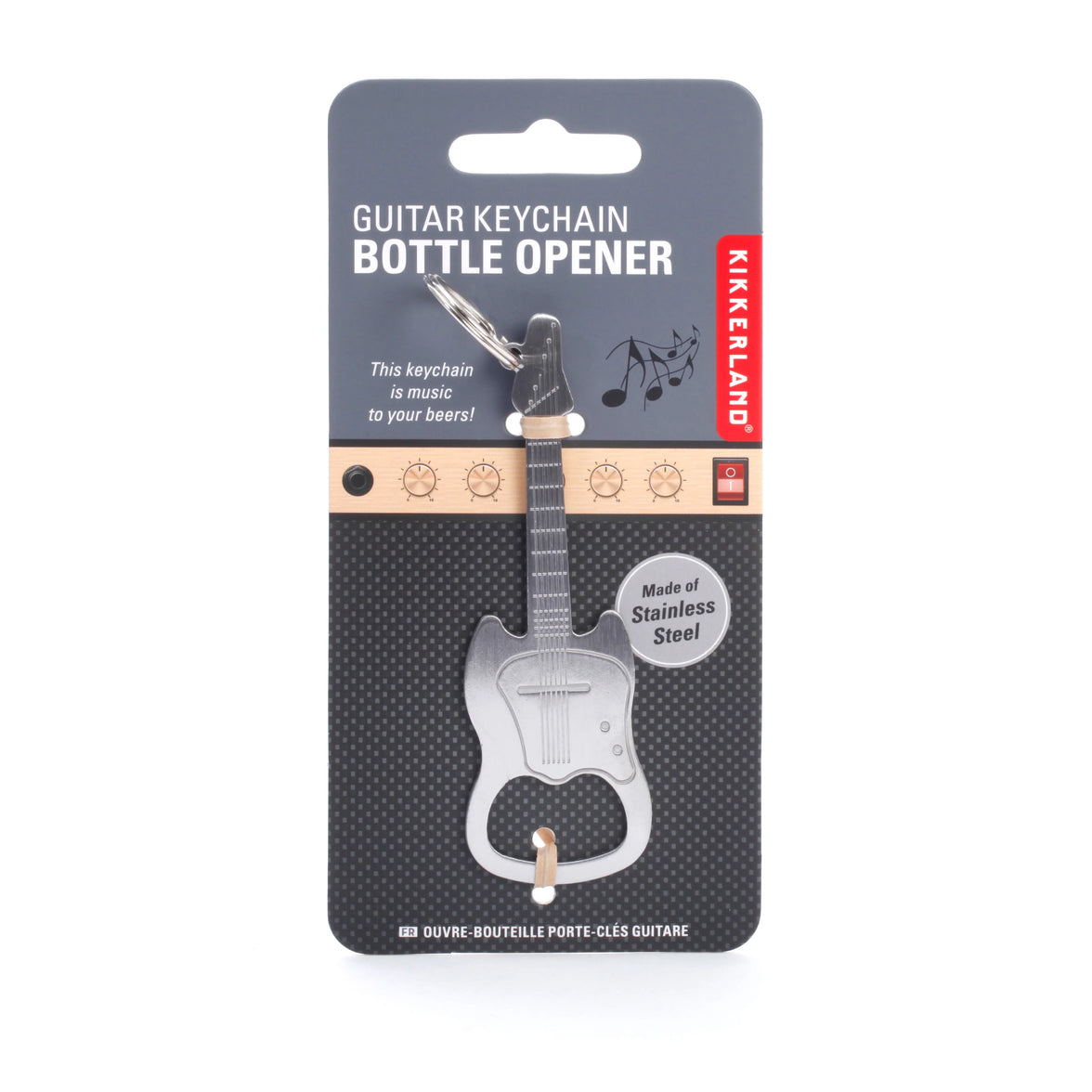 A keychain bottle opener in the shape of a guitar on Kikkerland packaging with a note on the package of "made of stainless steel."
