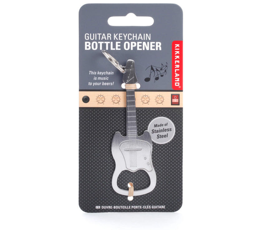 A keychain bottle opener in the shape of a guitar on Kikkerland packaging with a note on the package of "made of stainless steel."