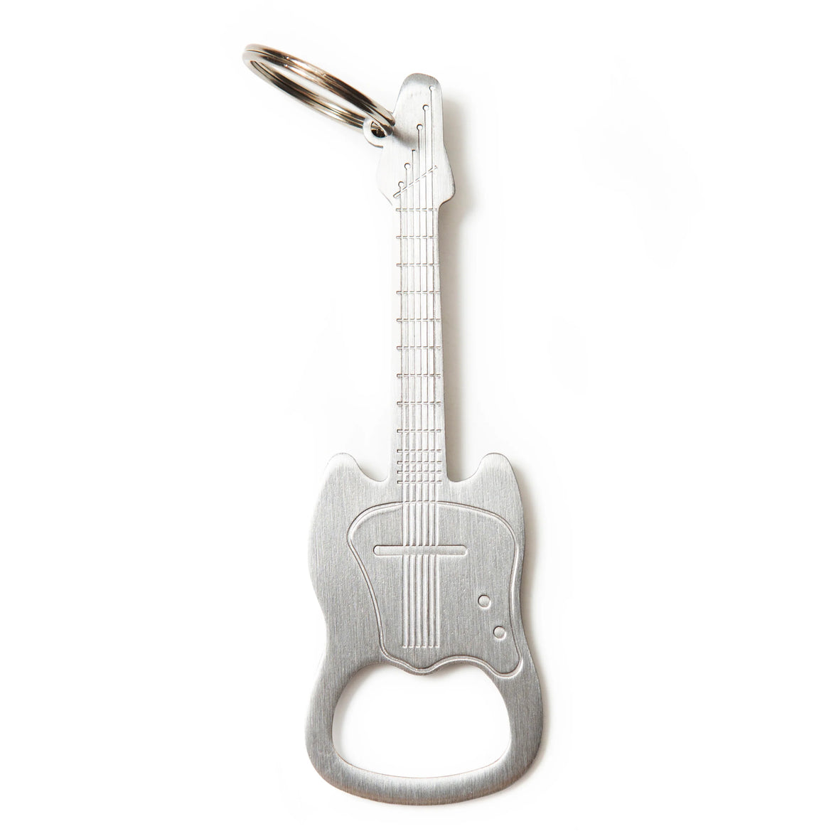 A bottle opener as a keychain in the shape of a guitar.