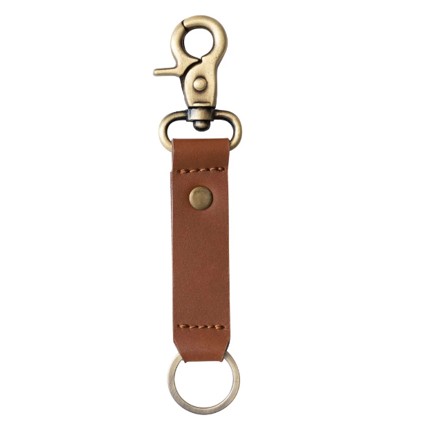 Brown leather key fob with gold clasp on a white background