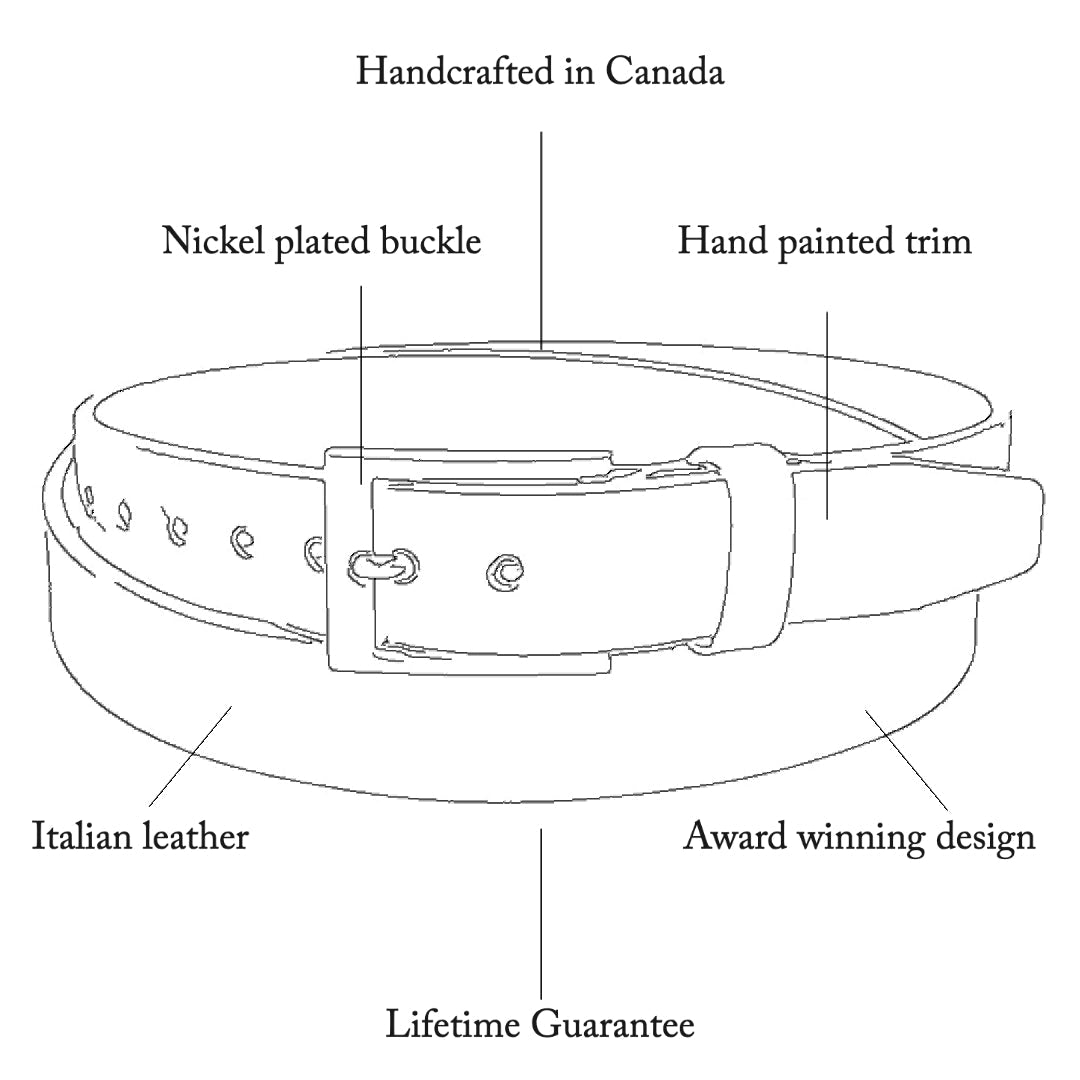 A black and white drawing of the belt with different elements described in text.