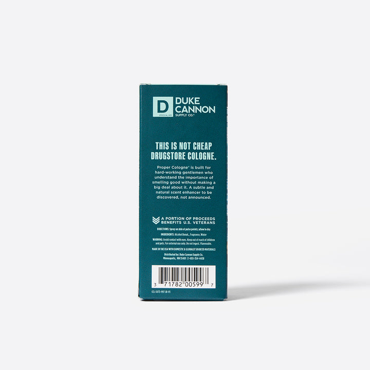 The back of the Duke Cannon Proper Cologne package.