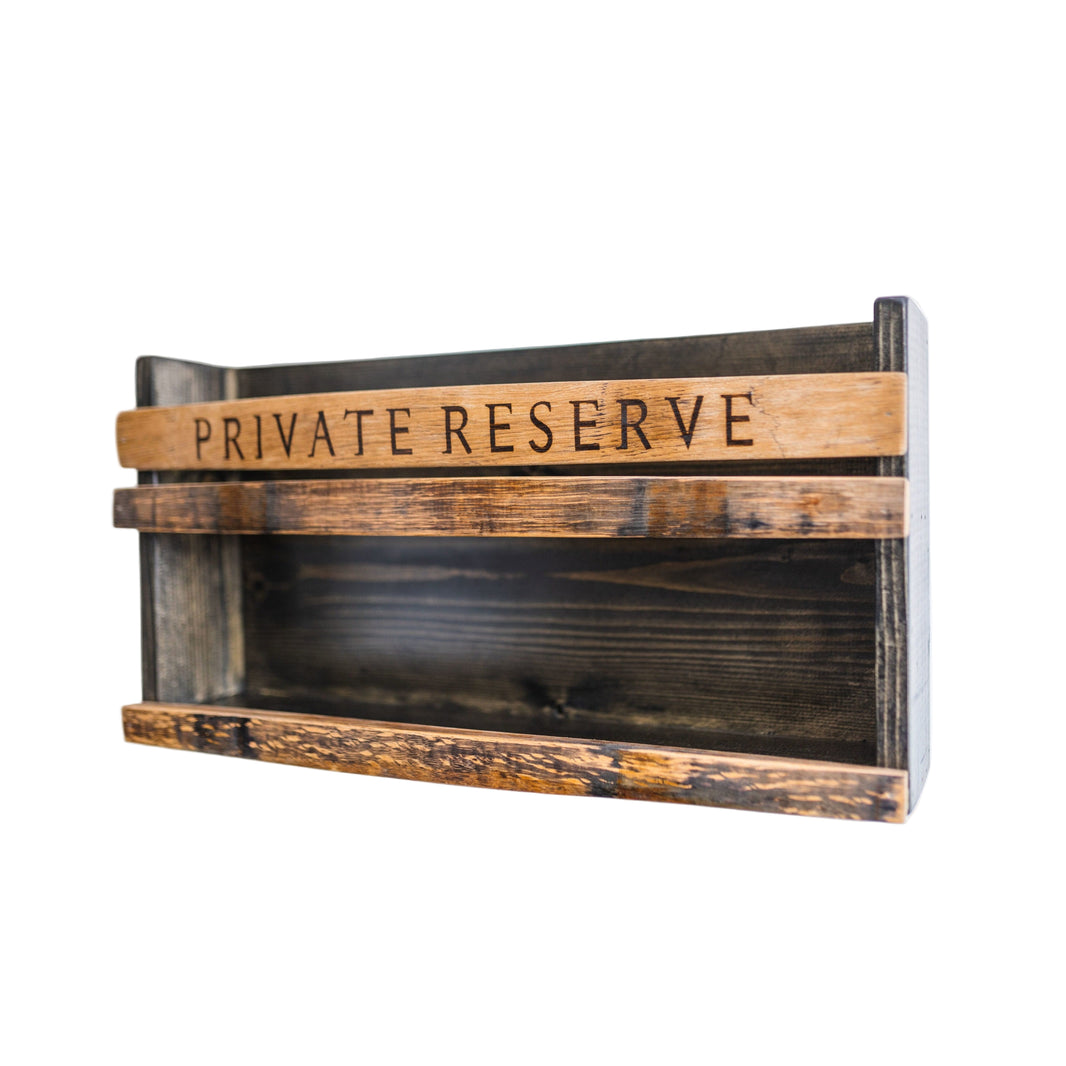Wooden shelf with 'PRIVATE RESERVE' inscribed on the wood, on a white background