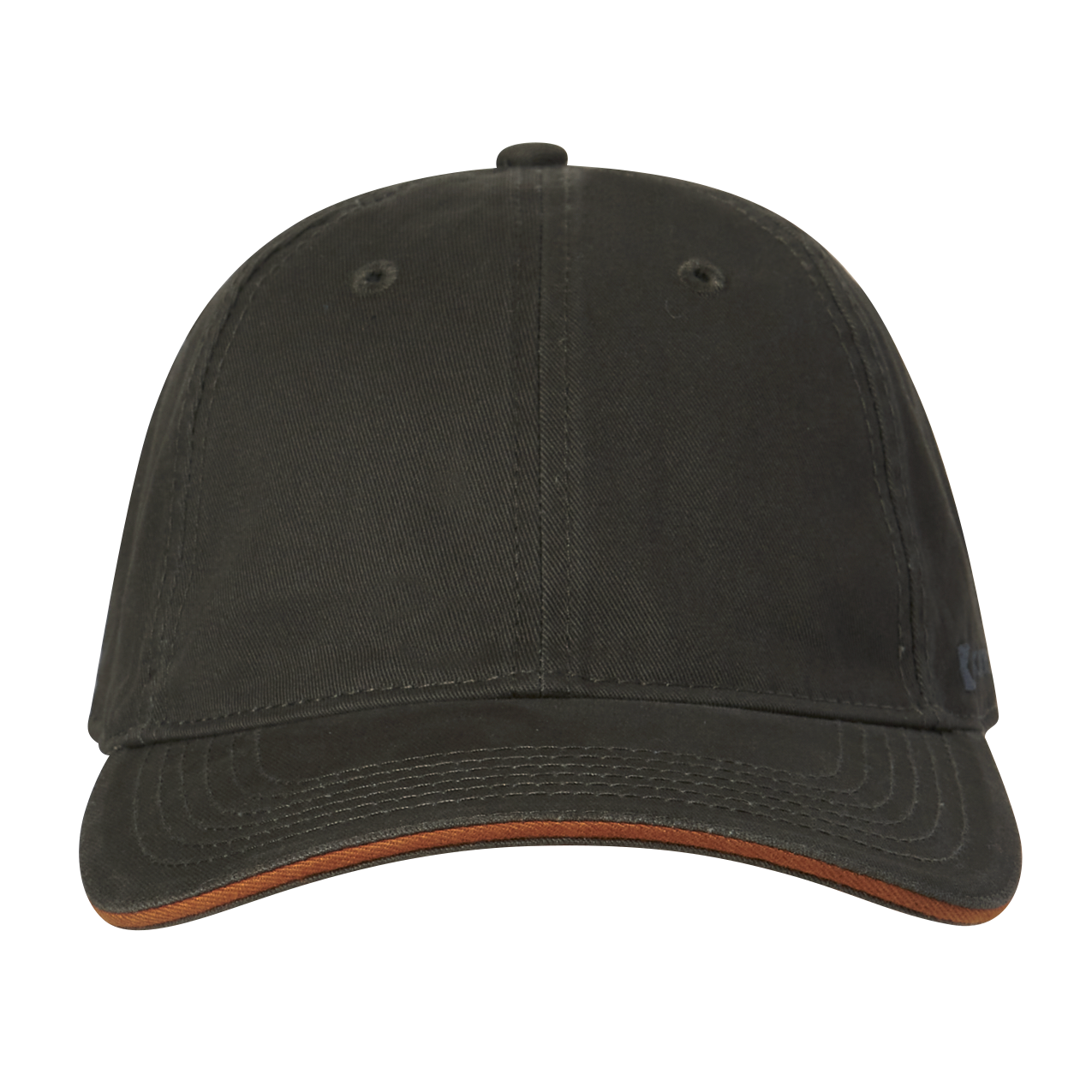 The front of a dark gray baseball cap with a rust edge on the front bill.
