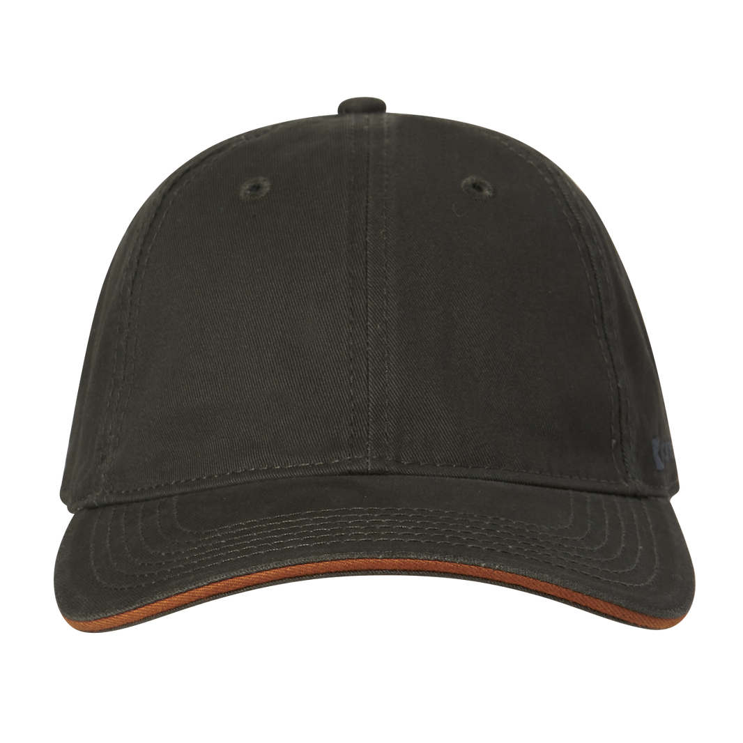 The front of a dark gray baseball cap with a rust edge on the front bill.