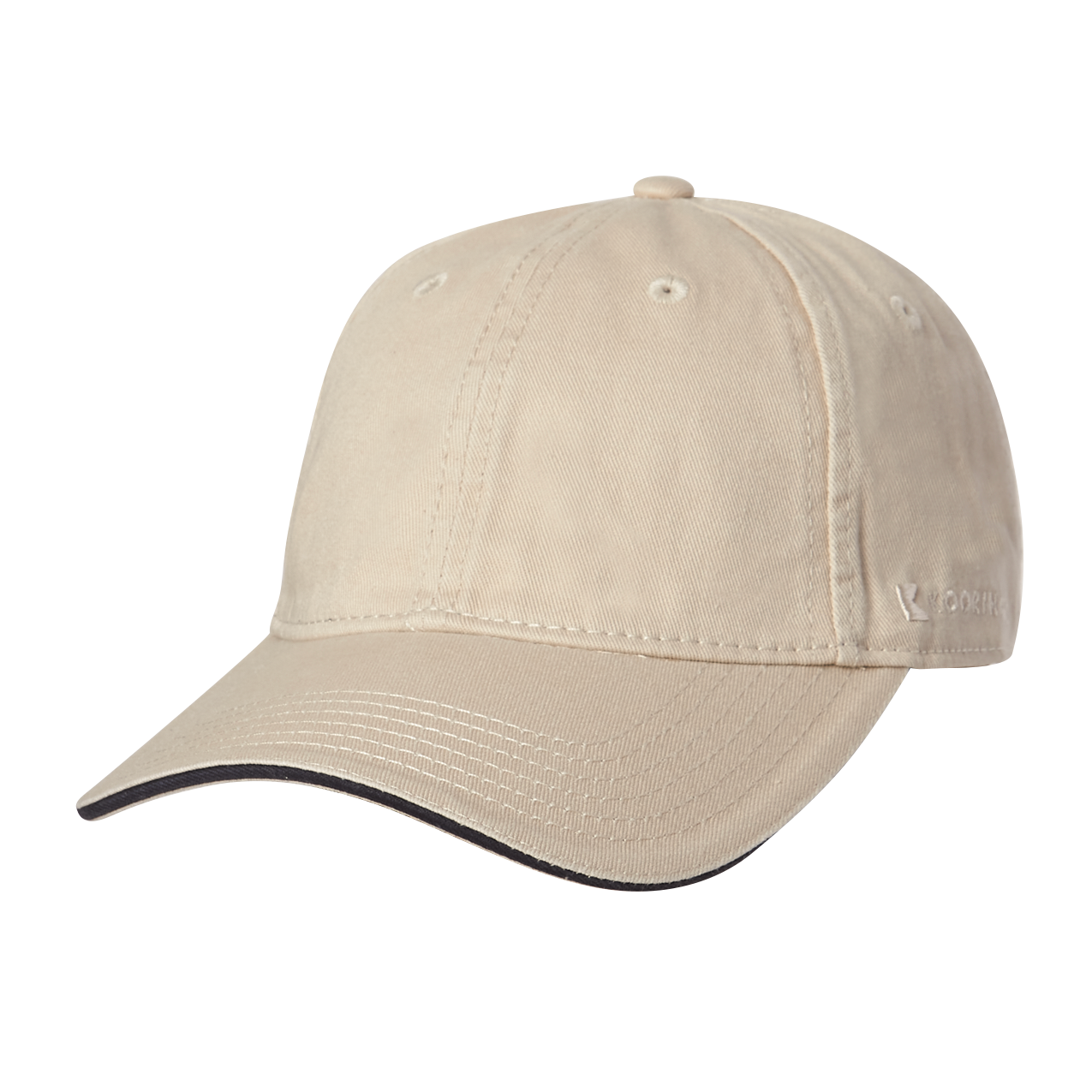 A beige colored cap with an embroidered logo on the back and a metal logo clamp.