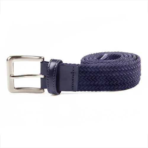 A rolled up navy blue stretch woven belt.