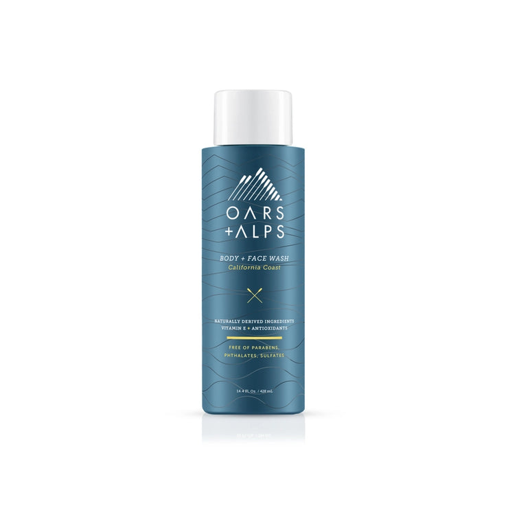 A bottle of Oars + Alps Men's Body Wash - California Coast with a blue label and white cap.