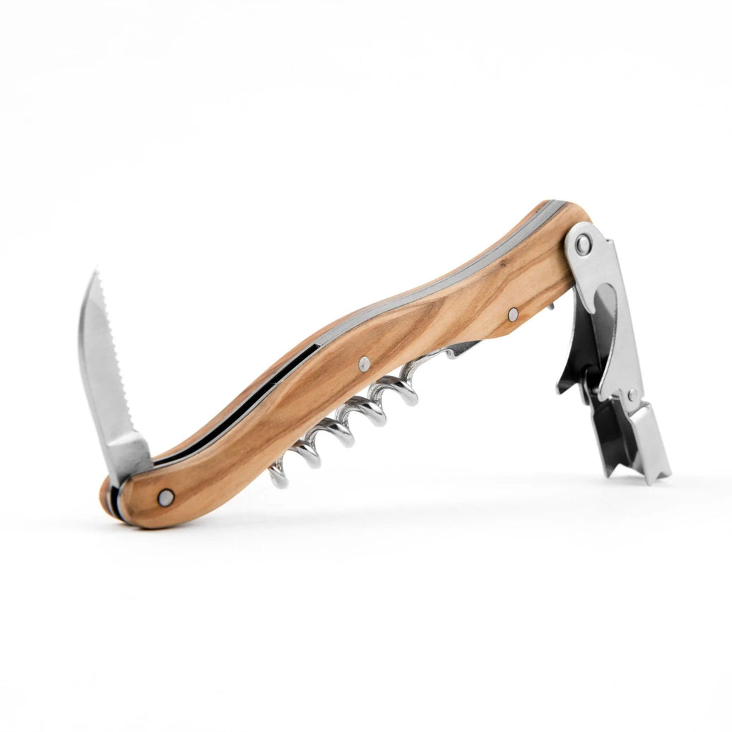 A useful multi-tool for wine purposes with a foil cutter, bottle opener, and corkscrew.