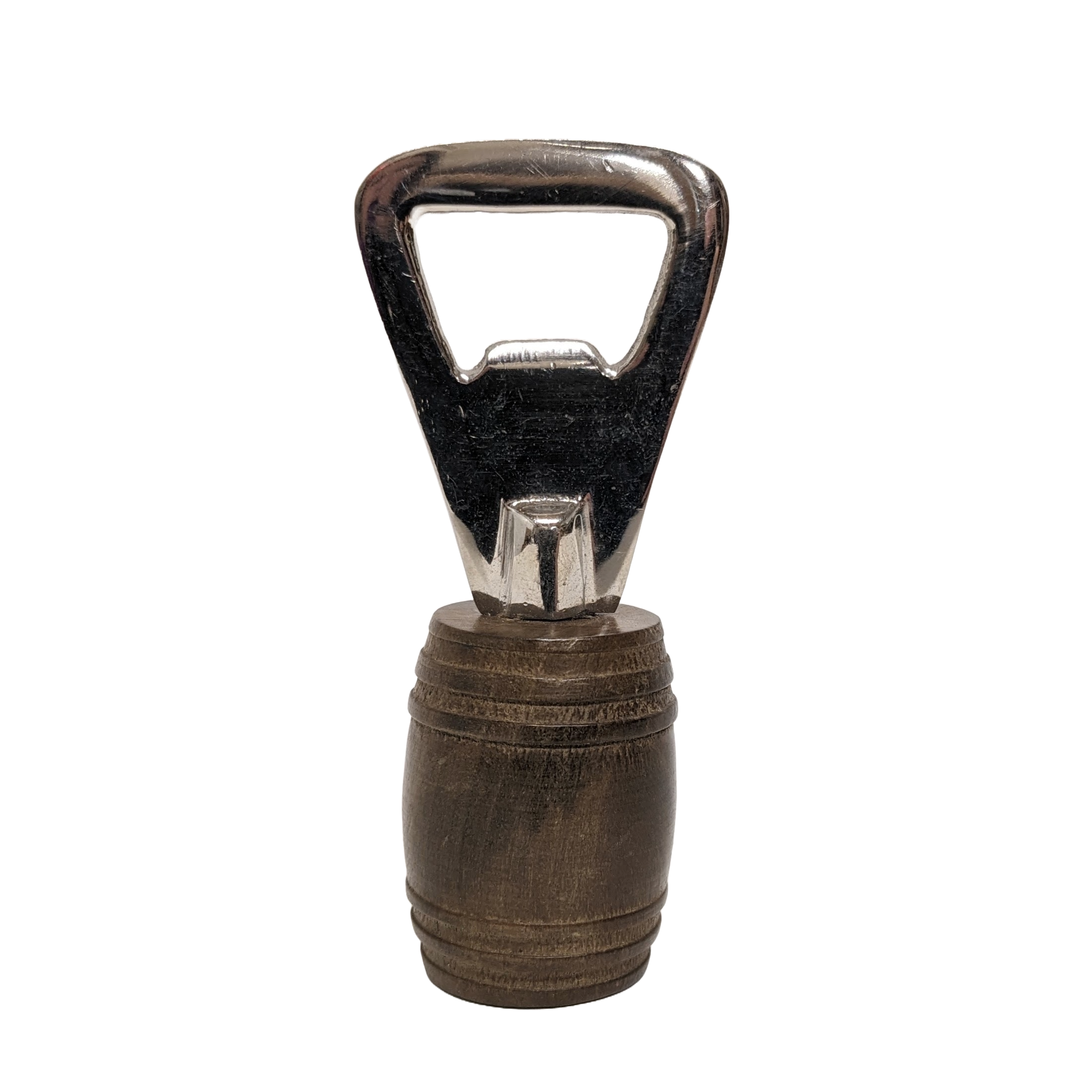 A barrel-shaped metal bottle opener 